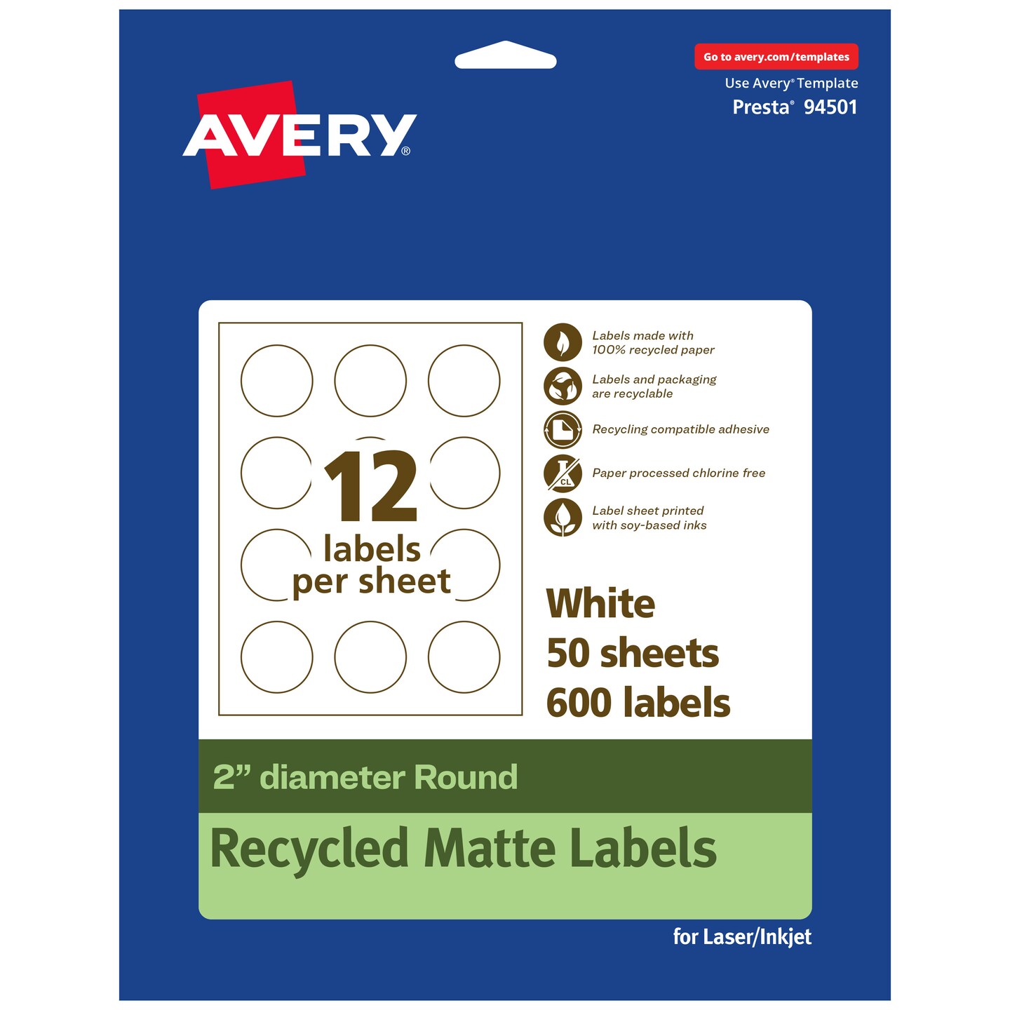Avery Recycled Matte White Labels,  2" diameter Round