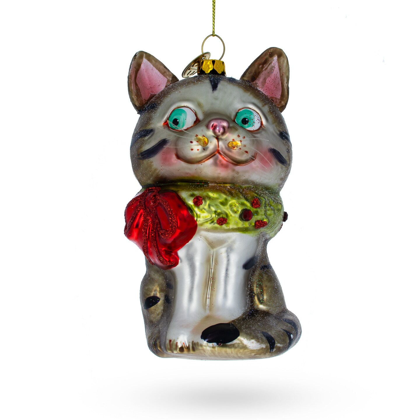 Cat with Sparkling Collar Blown Glass Christmas Ornament