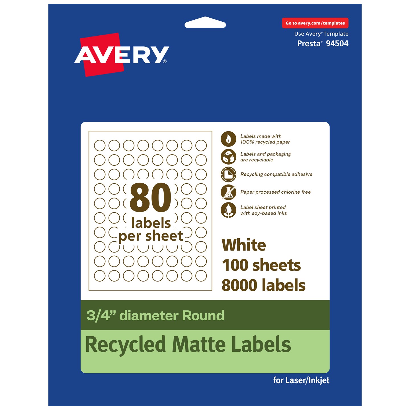 Avery Recycled Matte White Labels,  3/4" diameter Round