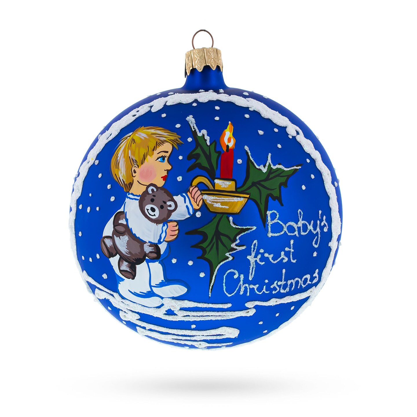 Boy Cuddling Teddy Bear Blown Glass Ball Baby&#x27;s First Christmas Ornament 4 Inches