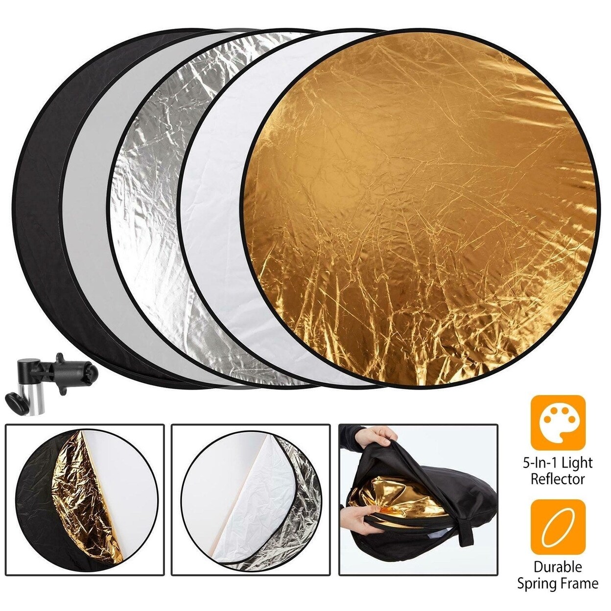 SKUSHOPS 5 In 1 Photography Round Light Reflector Collapsible Multi Disc Light Diffuser with Storage Bag Translucent Silver Gold