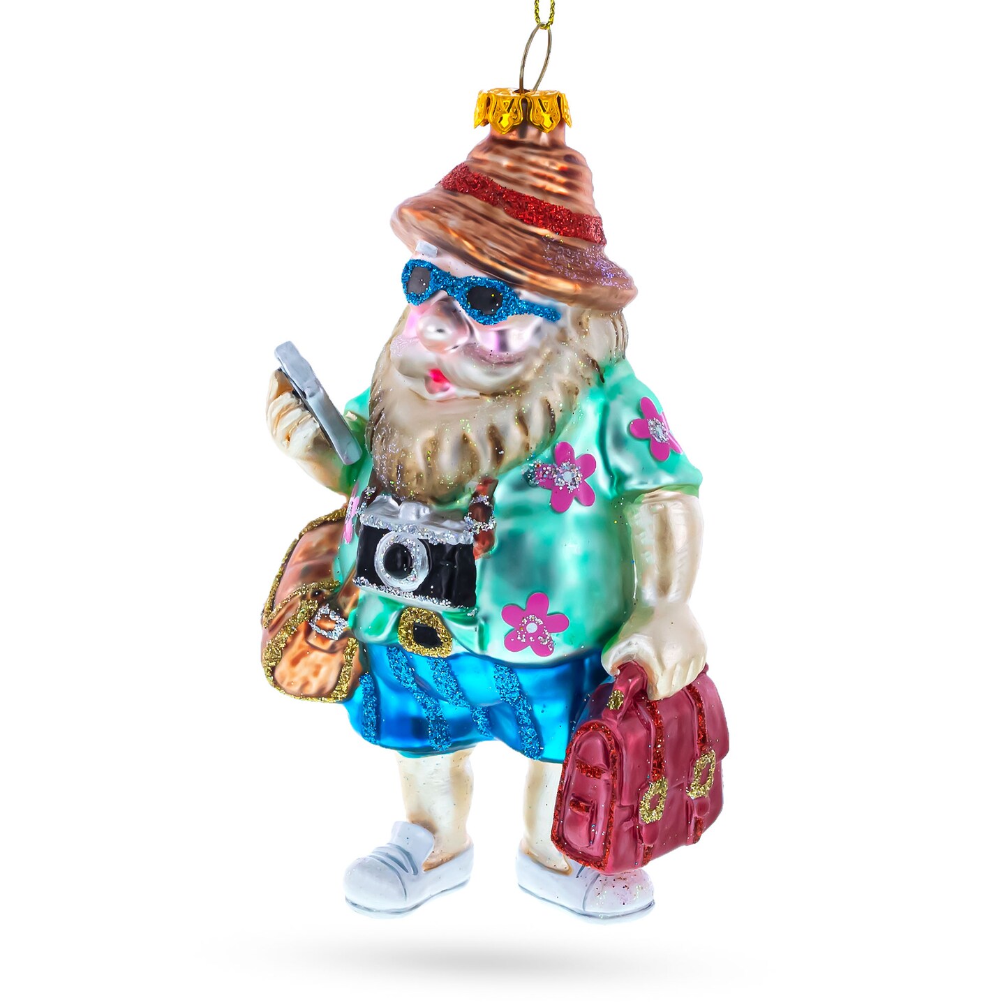 Santa the Traveler Blown Glass Christmas Ornament