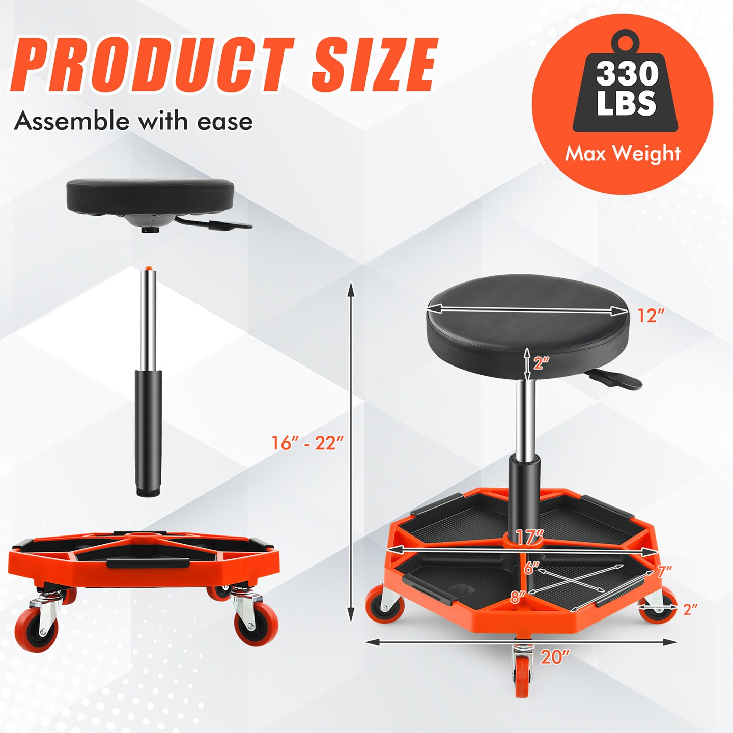 Costway Heavy-Duty Adjustable Height Rolling Stool with Tool Tray Storage 330 LBS Capacity Red