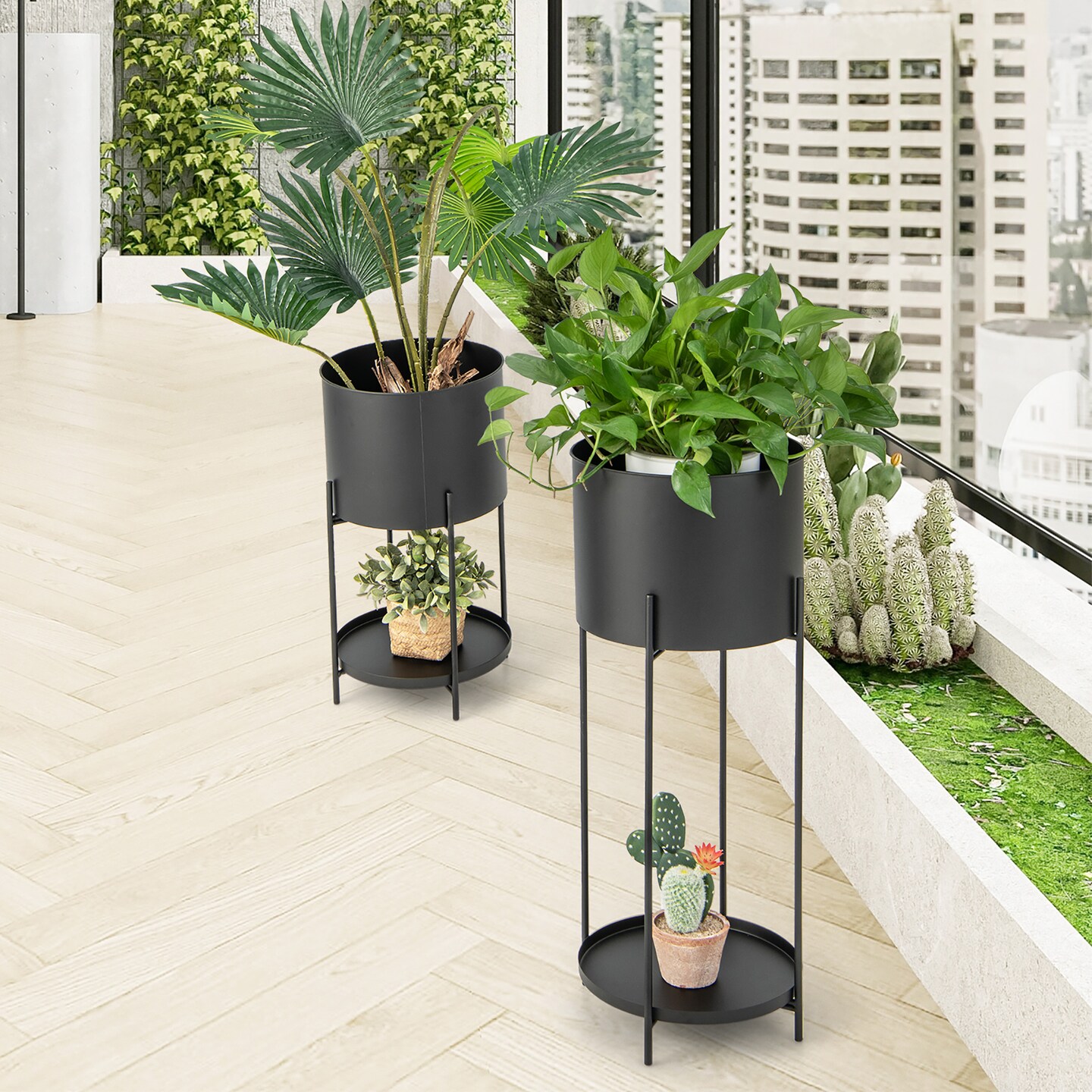Costway 2 Metal Planter Pot Stand Modern Decorative Flowerpots Set with Drainage Holes
