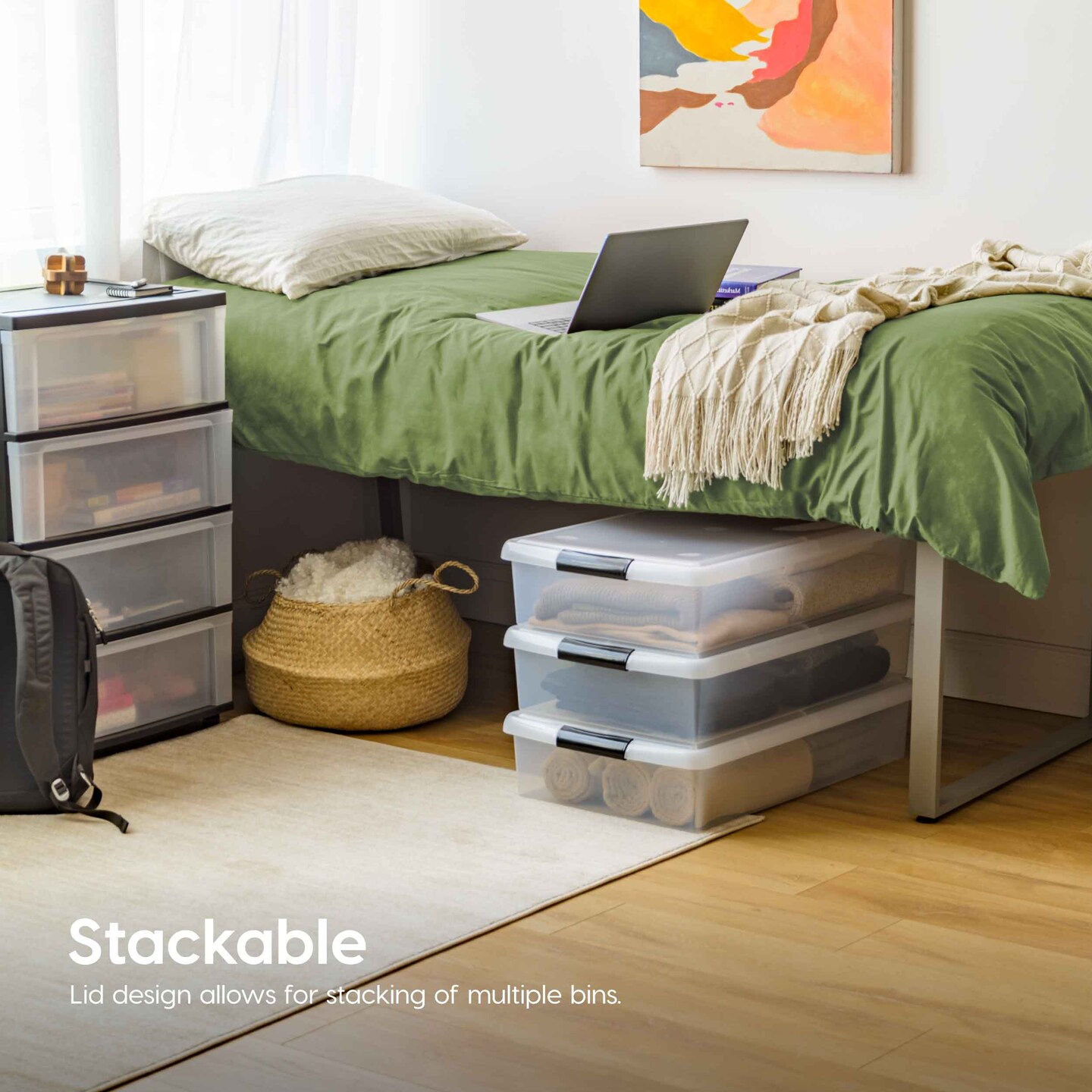 IRIS USA 40 Qt Plastic Under Bed Storage Stackable Nestable Organizer Bin Container with Secure Lids and Durable Black Buckles, Multi-Purpose for Clothes, Shoes, and Bedding, Clear, 3 Pack