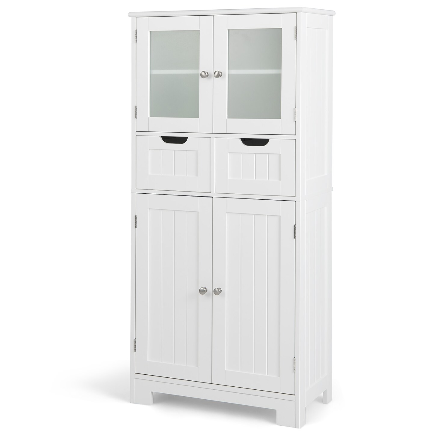 Costway Bathroom Floor Storage Cabinet Kitchen Cupboard with 2 Drawers &#x26; Glass Doors White