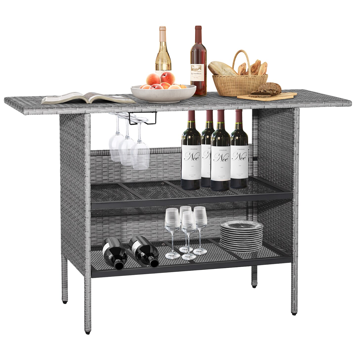 Costway Patio Rattan Wicker Bar Height Counter Table Storage Shelf Rail Garden Mix Gray