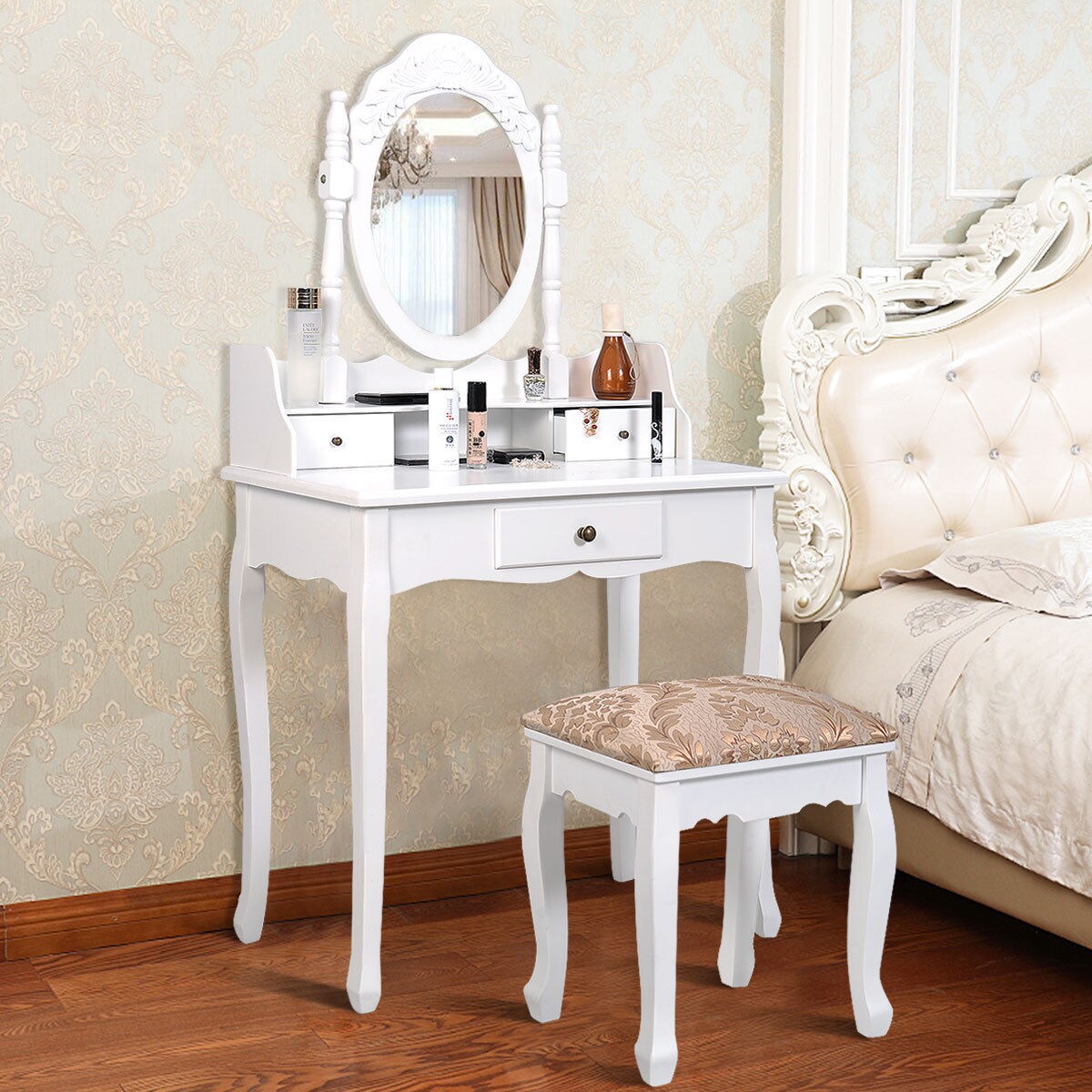 3 Drawers Vanity Set Dressing Table W/ Tri-Folding Mirror White