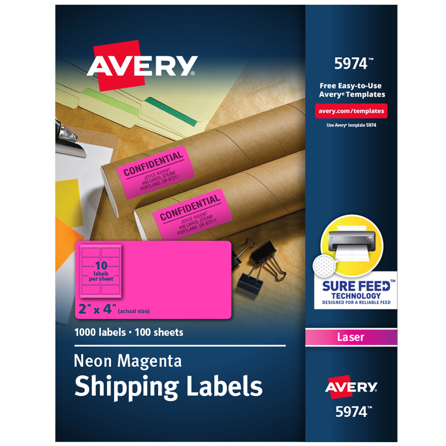 Avery 2x 4 Neon Shipping Labels with Sure Feed, neon Pink labels for  Laser Printers, 1,000 Neon Labels (5974)