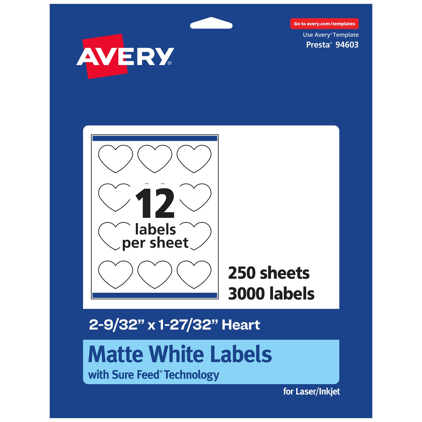 Avery Matte White Heart Labels, 2-9/32" x 1-27/32"