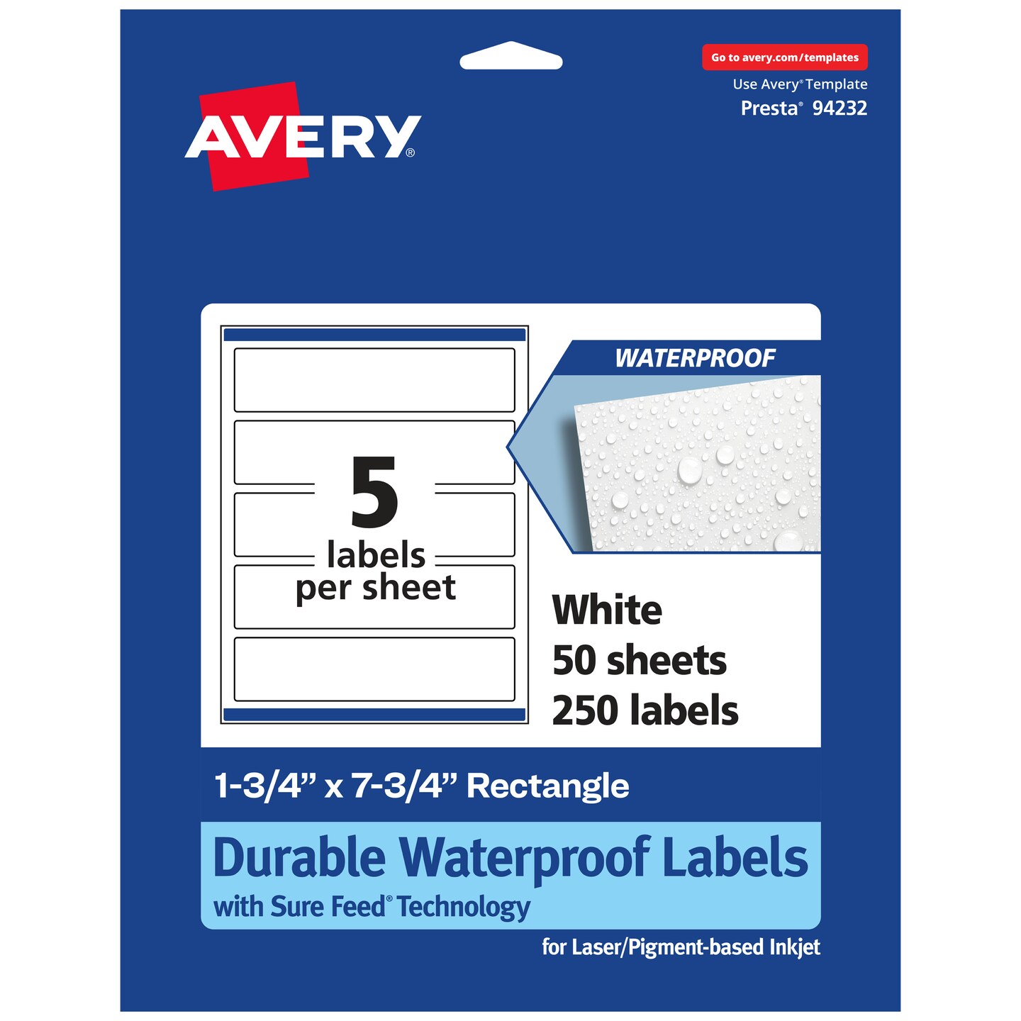 Avery Durable Waterproof Rectangle Labels with Sure Feed, 1.75&#x22; x 7.75&#x22;