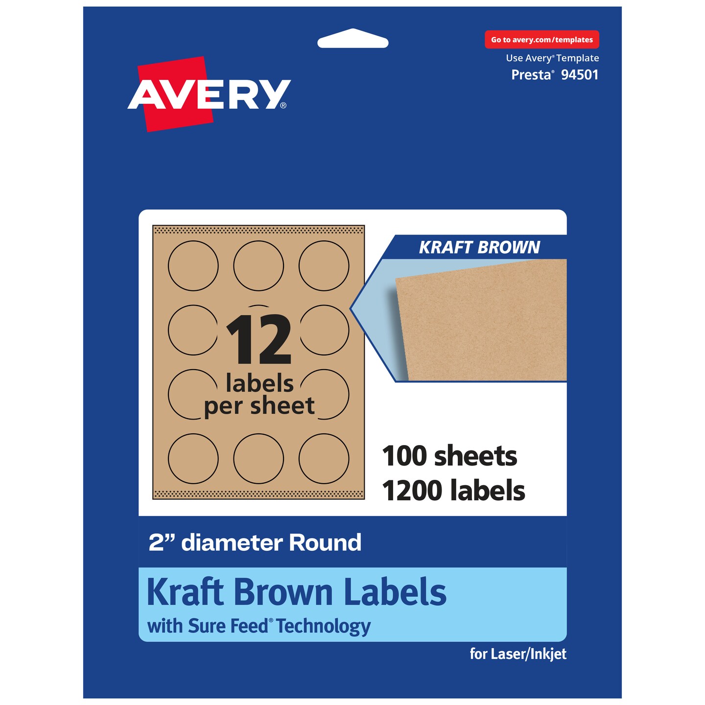 Avery Kraft Brown Round Labels with Sure Feed, 2&#x22; diameter