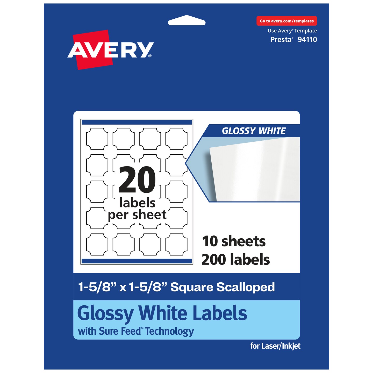 Avery Glossy White Square Scalloped Labels with Sure Feed, 1-5/8&#x22; x 1-5/8&#x22;