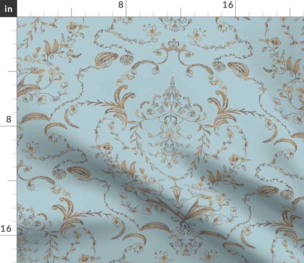 Blue Renaissance Gold Floral Damask Intricate Historic Art Nouveau Custom Printed Fabric by Spoonflower Various Fabrics by the Yard or Fat Quarter