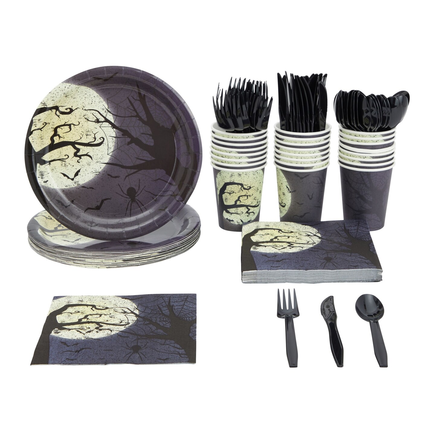 144 Pieces Full Moon Night Sky Halloween Party Supplies , Paper Plates, Napkins, Cups and Cutlery Tableware Set (Serves 24)