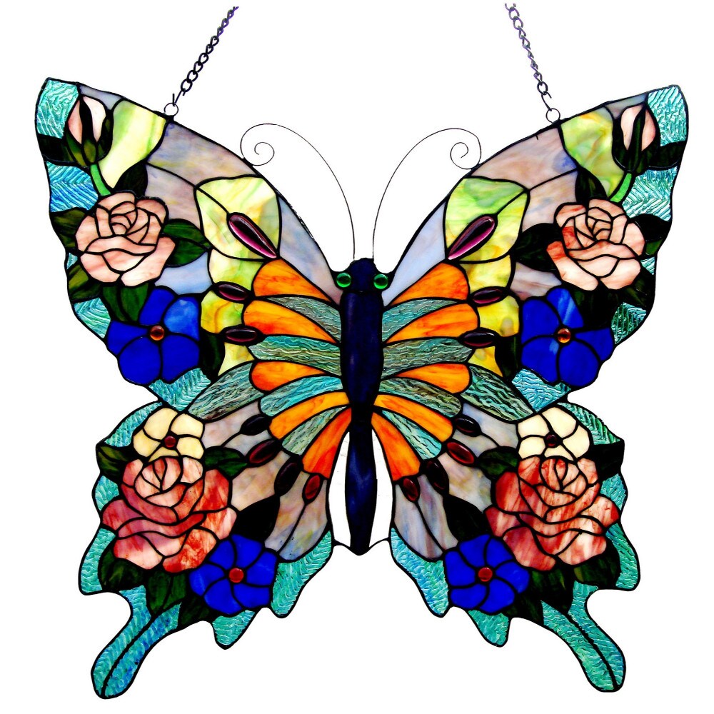 CHLOE Lighting 24 Inch Glass Window Panel with Butterfly Design, Multicolor