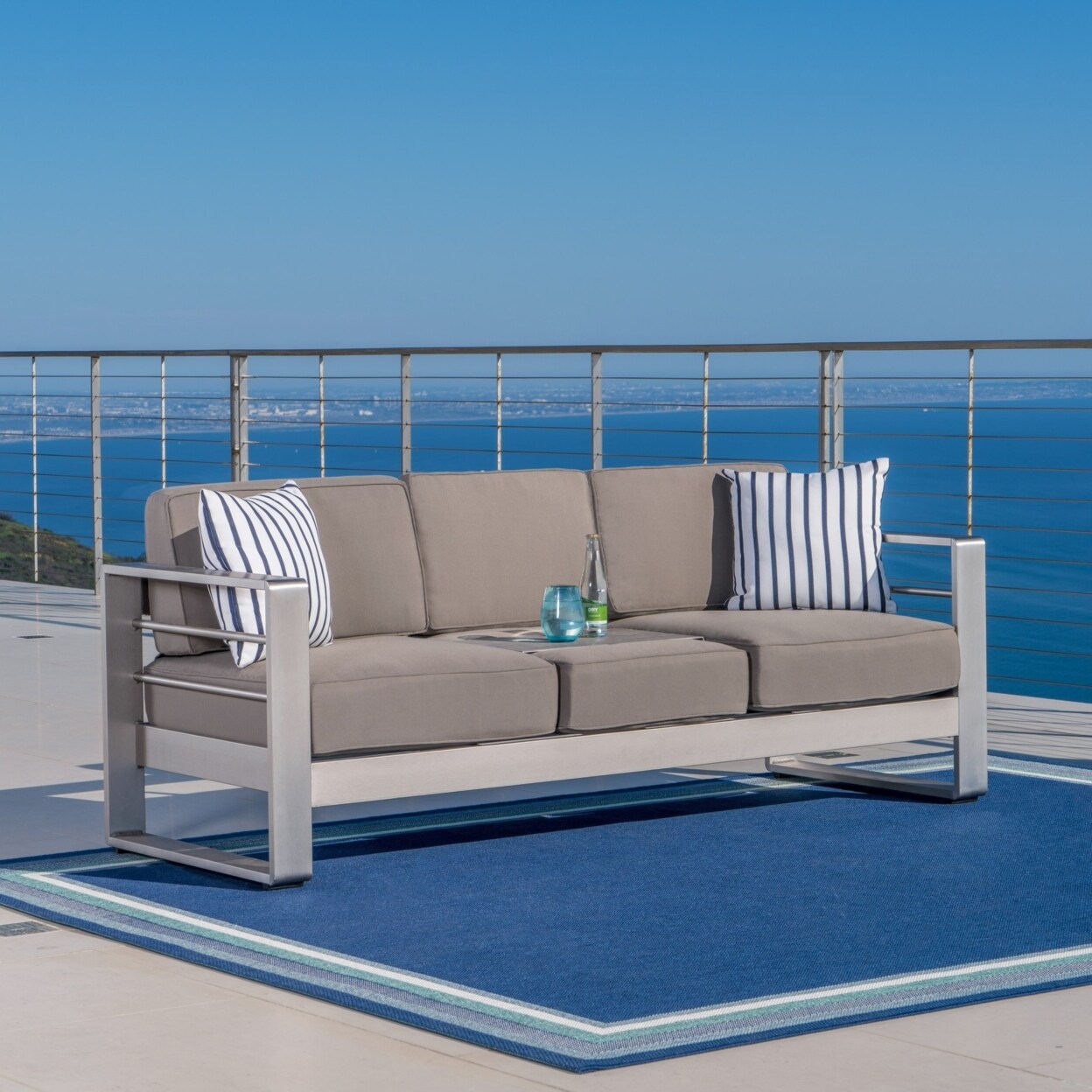 GDFStudio Crested Bay Outdoor Aluminum Khaki Sofa with Tray