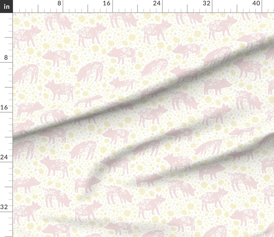 Shabby Chic Pigs Farmhouse Pastel Pink Yellow Cheerful Playful Delicate Custom Printed Fabric by Spoonflower Various Fabrics by the Yard or Fat Quarter
