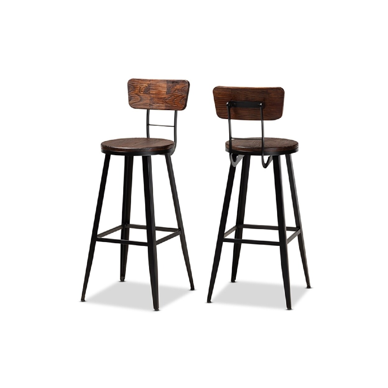 Wholesale Interiors Baxton Studio Kenna Vintage Rustic Industrial Wood and Black Metal Finished 2-Piece Metal Bar Stool Set