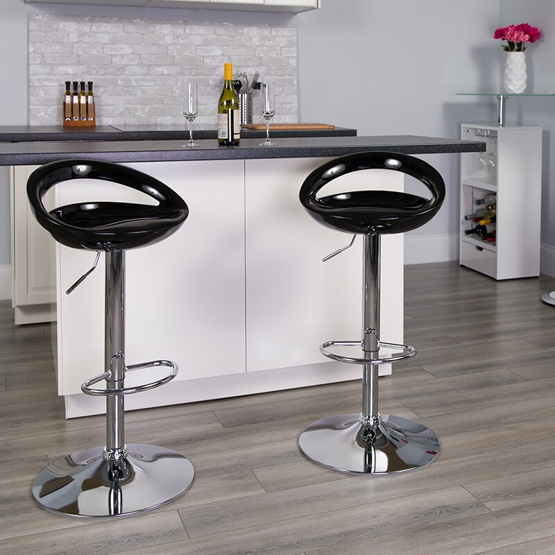 Flash Furniture Contemporary Black Plastic Adjustable Height Barstool with Rounded Cutout Back and Chrome Base