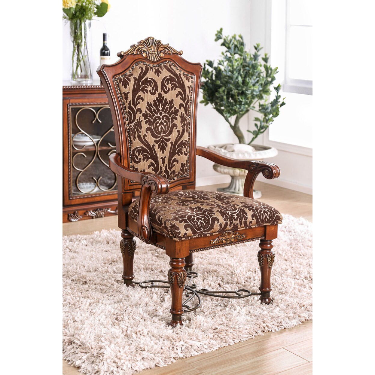 Saltoro Sherpi Floral Print Fabric Upholstered Arm Chair In Wood, Cherry Brown, Set Of 2-