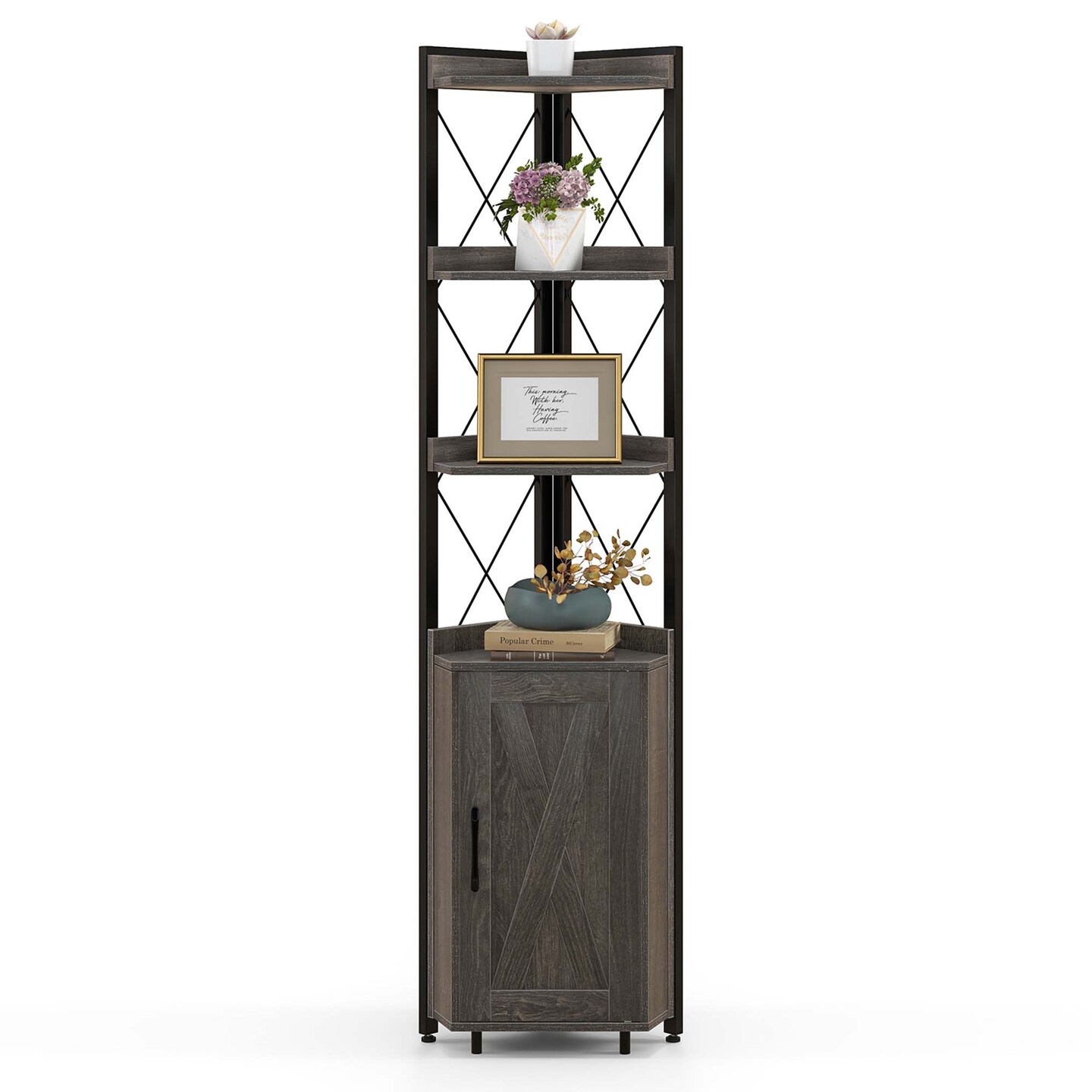 Costway 6-Tier Corner Bookshelf with 5-Level Adjustable Shelf & Anti-Tipping Kits Rustic Brown/Gray