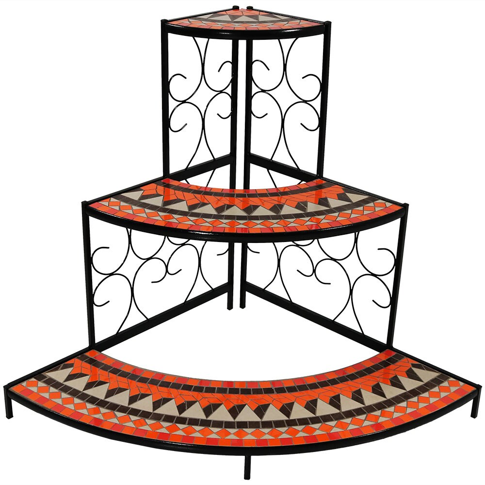 Sunnydaze Black Steel/Orange Mosaic 3-Tier Step Corner Plant Stand - 40 In