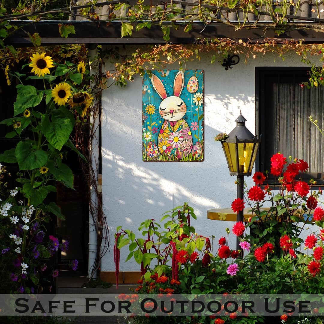 Whimsical Easter Decor - Folk Art Bunny Decoration Metal Art Sign Mantle  Display Picture - Indoor Outdoor Safe - Flower Pattern Rabbit