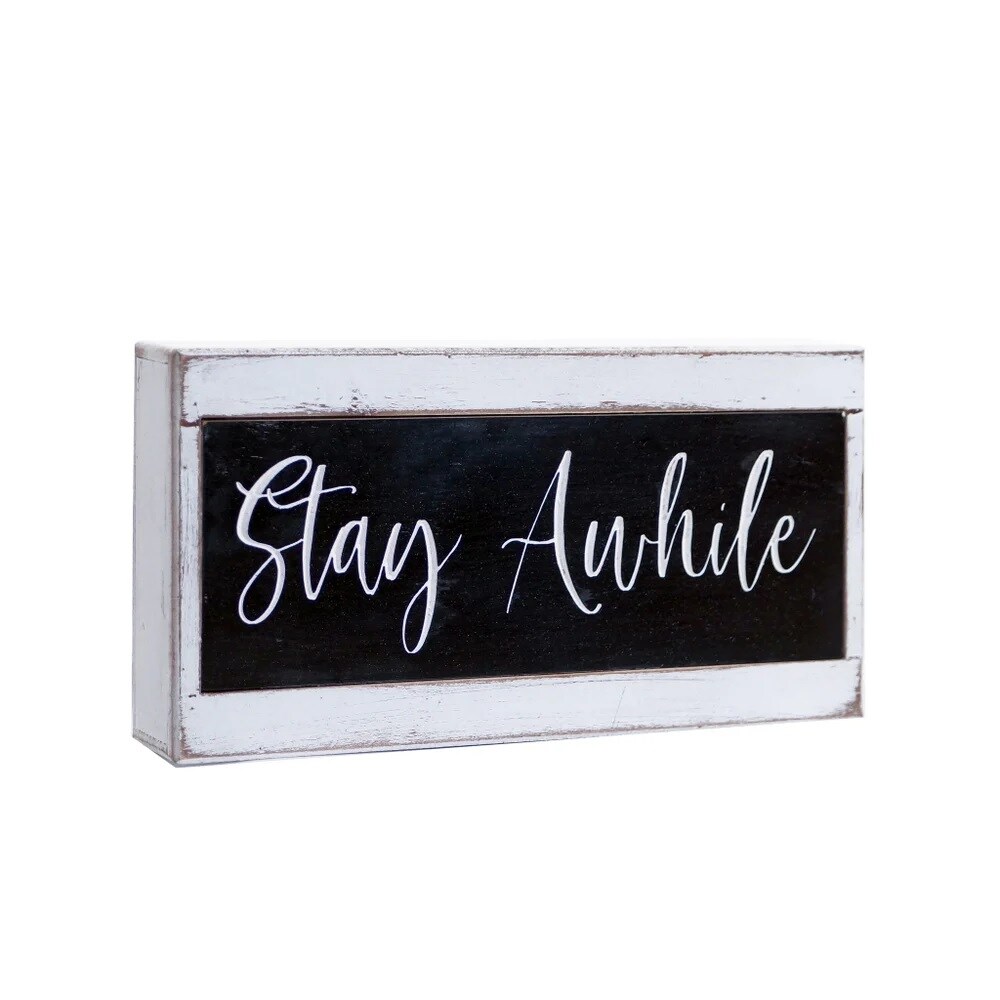 Creative Design 12" Black and White Rectangular "Stay Awhile" Wooden Sign Block