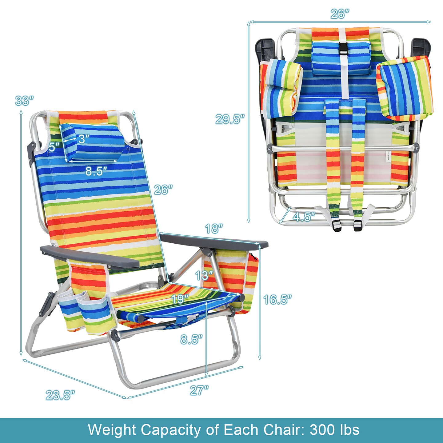 2-Pack Folding Backpack Beach Chair 5-Position Outdoor Reclining Chairs with Pillow Blue/Pattern/Pink/Yellow