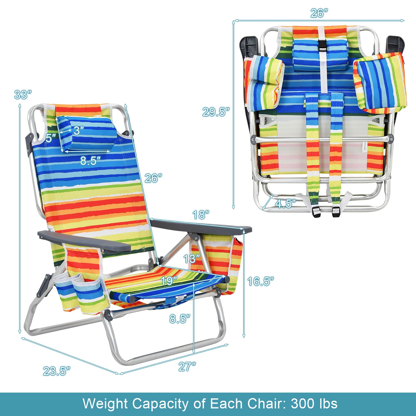 2-Pack Folding Backpack Beach Chair 5-Position Outdoor Reclining Chairs with Pillow Blue/Pattern/Pink/Yellow/Dark Pink/Dark Green/Dark Blue