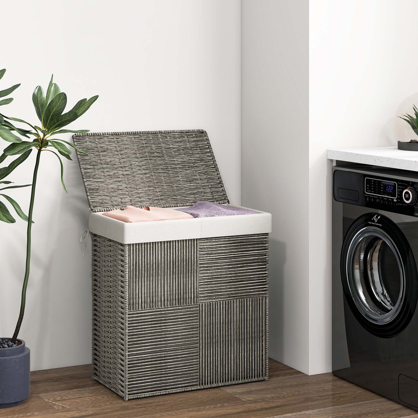 Costway Hand-woven Rattan Laundry Hamper with Lid Removable Liner Bag 29-Gallon 2-Section