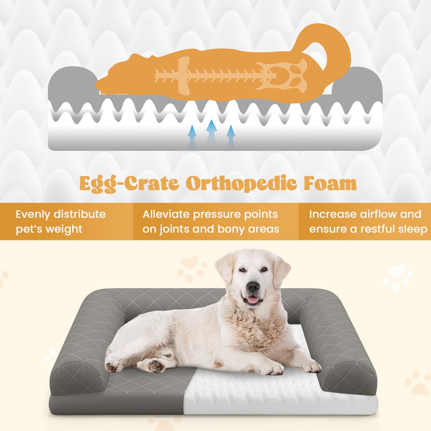 Costway Orthopedic Dog Bed Medium Small Dogs with 3-Side Bolster Non-Slip Bottom Zippers Beige/Grey