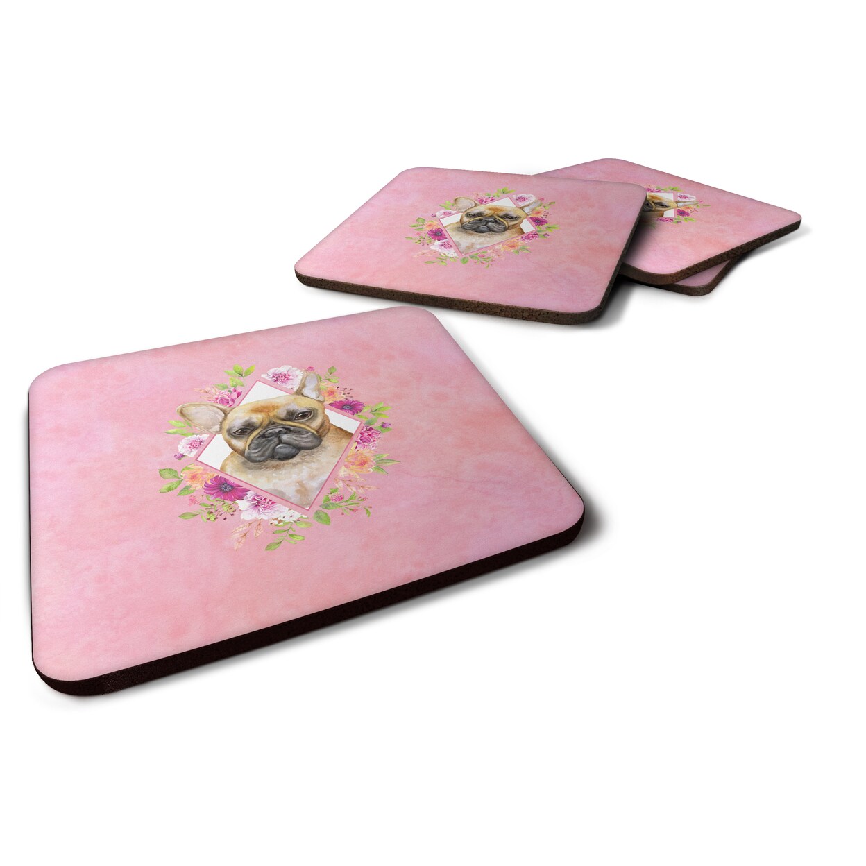 Caroline&#x27;s Treasures Fawn French Bulldog Pink Flowers Foam Coaster Set of 4