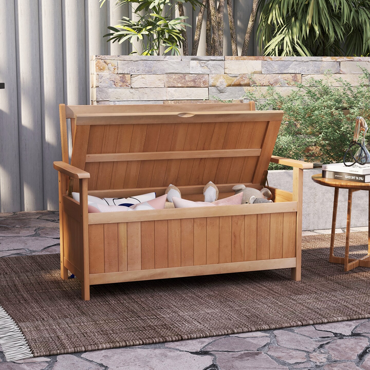 Costway 48 Inch Patio Storage Bench Hardwood Loveseat with Slatted Backrest for Backyard