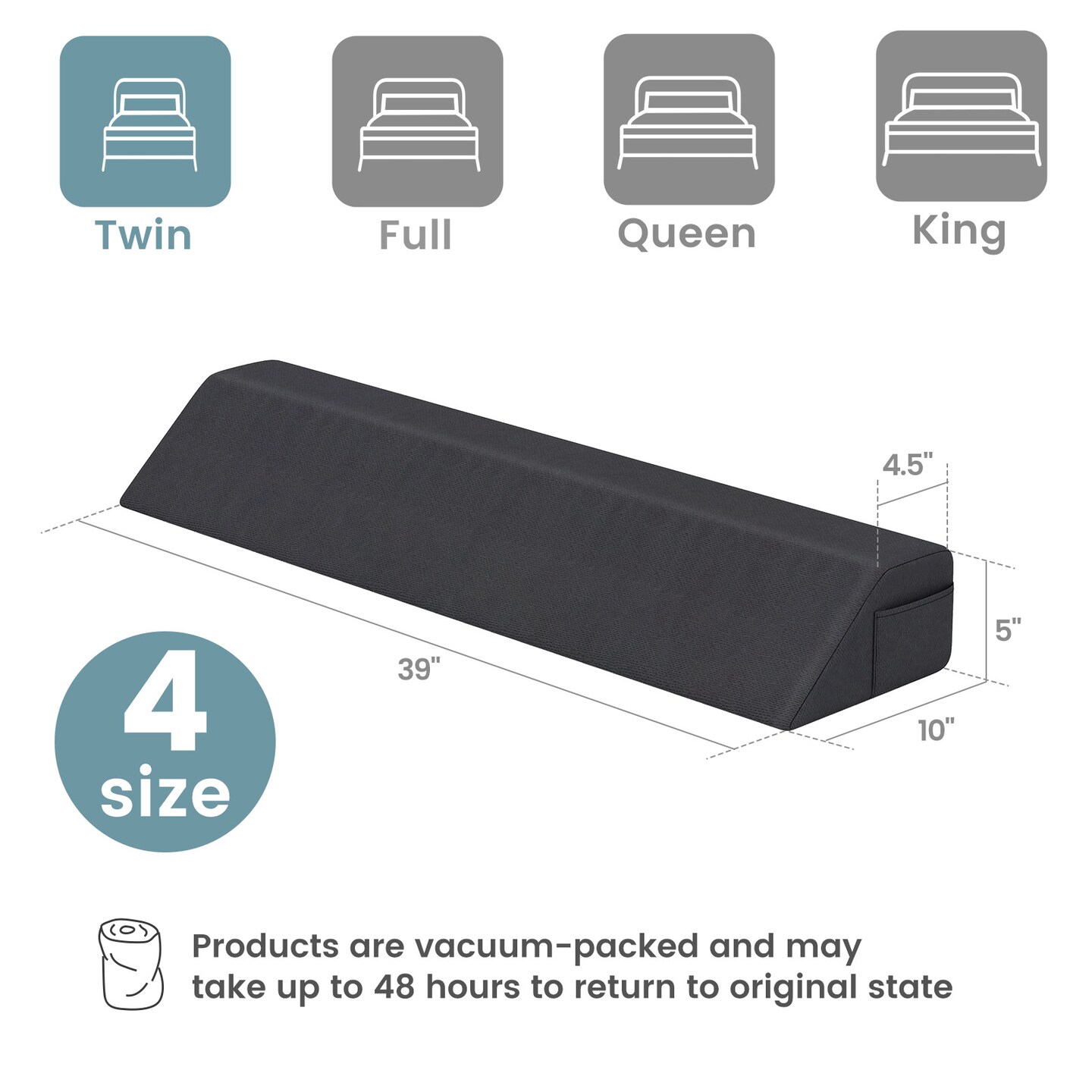 Costway Twin/Full/Queen/King Bed Wedge Pillow with Tablet Pillow Stand Side Pockets Support for Back Grey