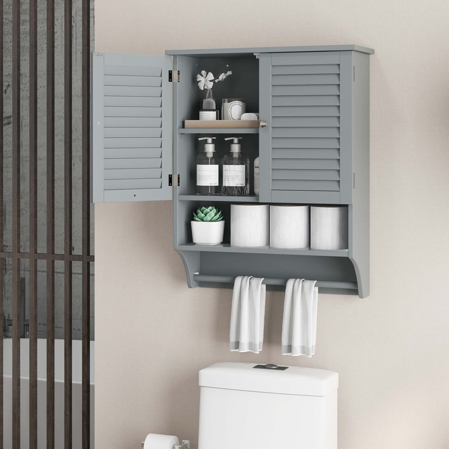 Costway Bathroom Wall Mounted Medicine Cabinet with Louvered Doors & Towel Bar Espresso/Grey/White/Black