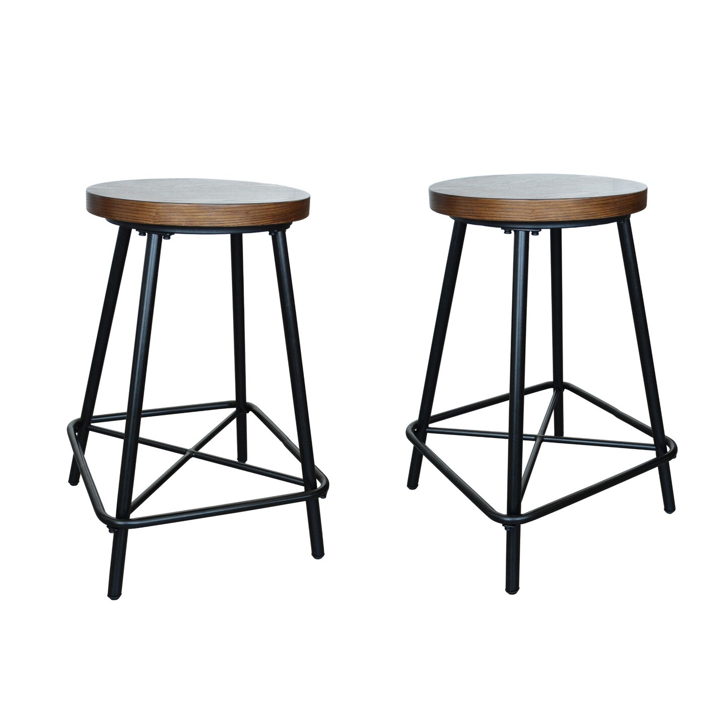 Contemporary Home Living Set of 2 Brown and Black Farmhouse Counter Stools with Tubular Base 24&#x22;