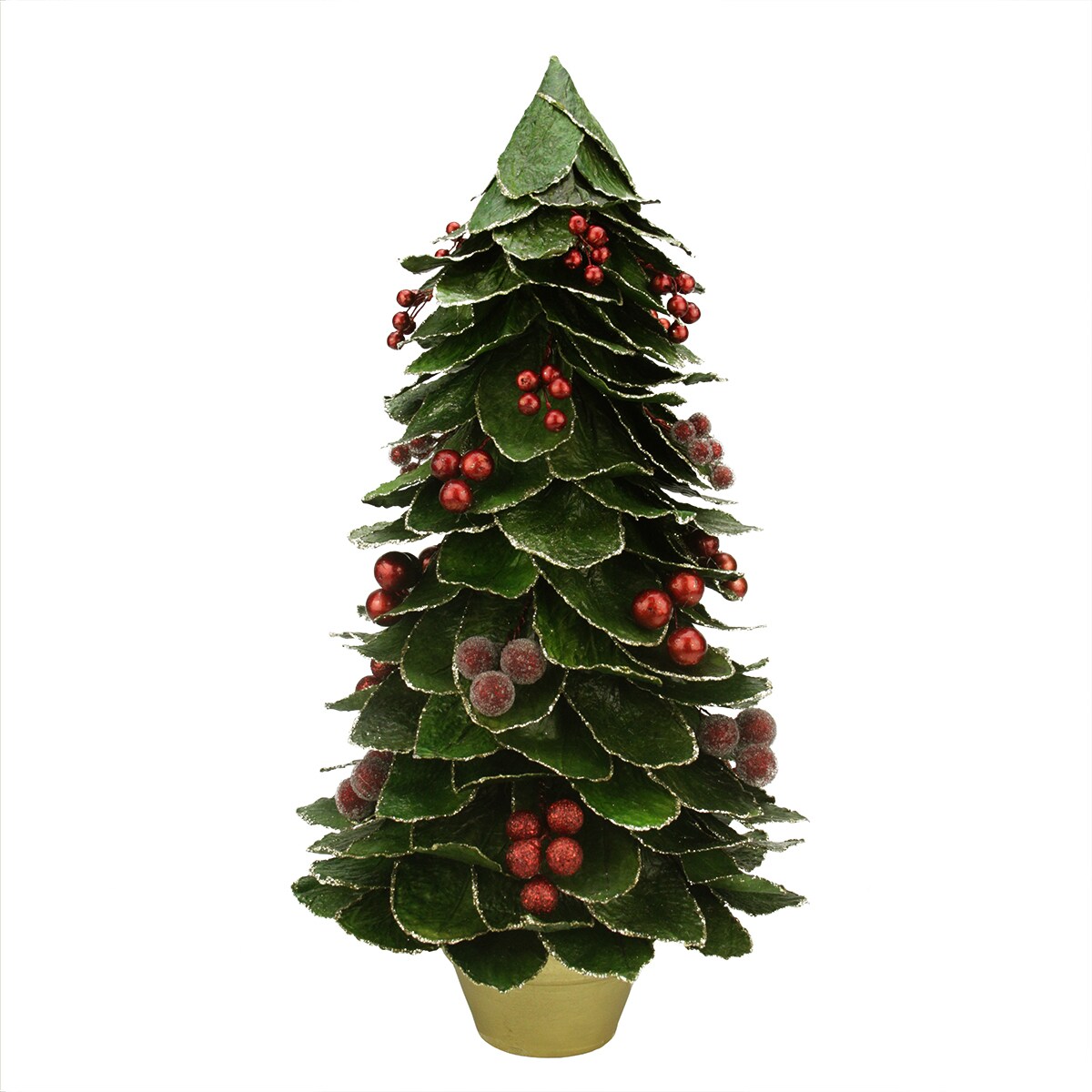 Gallerie II Holly Berry Glittered Leaf Potted Christmas Tree Decoration - 18" - Green and Red