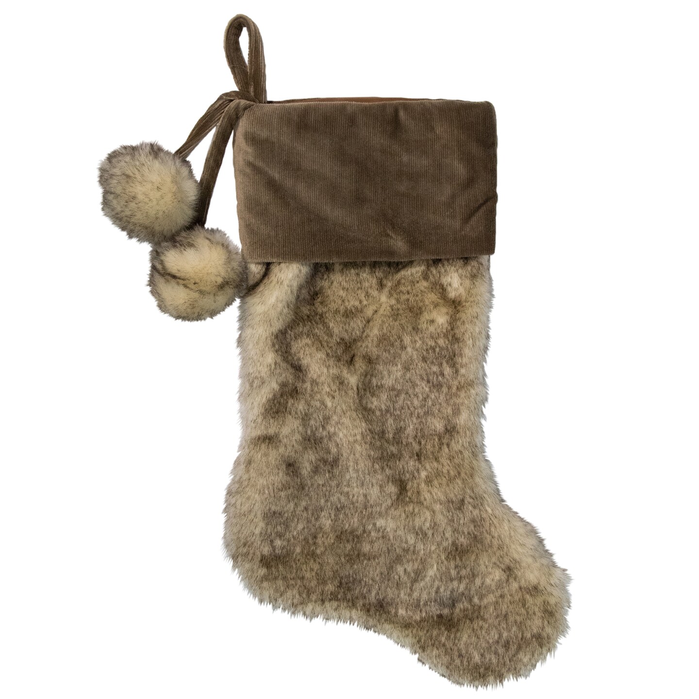 Northlight 20.5&#x22; Brown Plush Christmas Stocking with Corduroy Cuff and Pom Poms