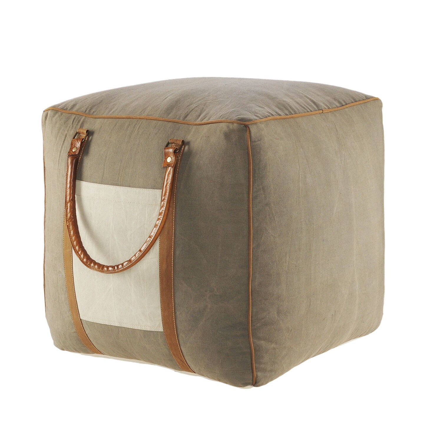 Laddha Home Designs 20&#x22; Gray and Ivory Faux Leather Handmade Square Pouf Ottoman with Handles