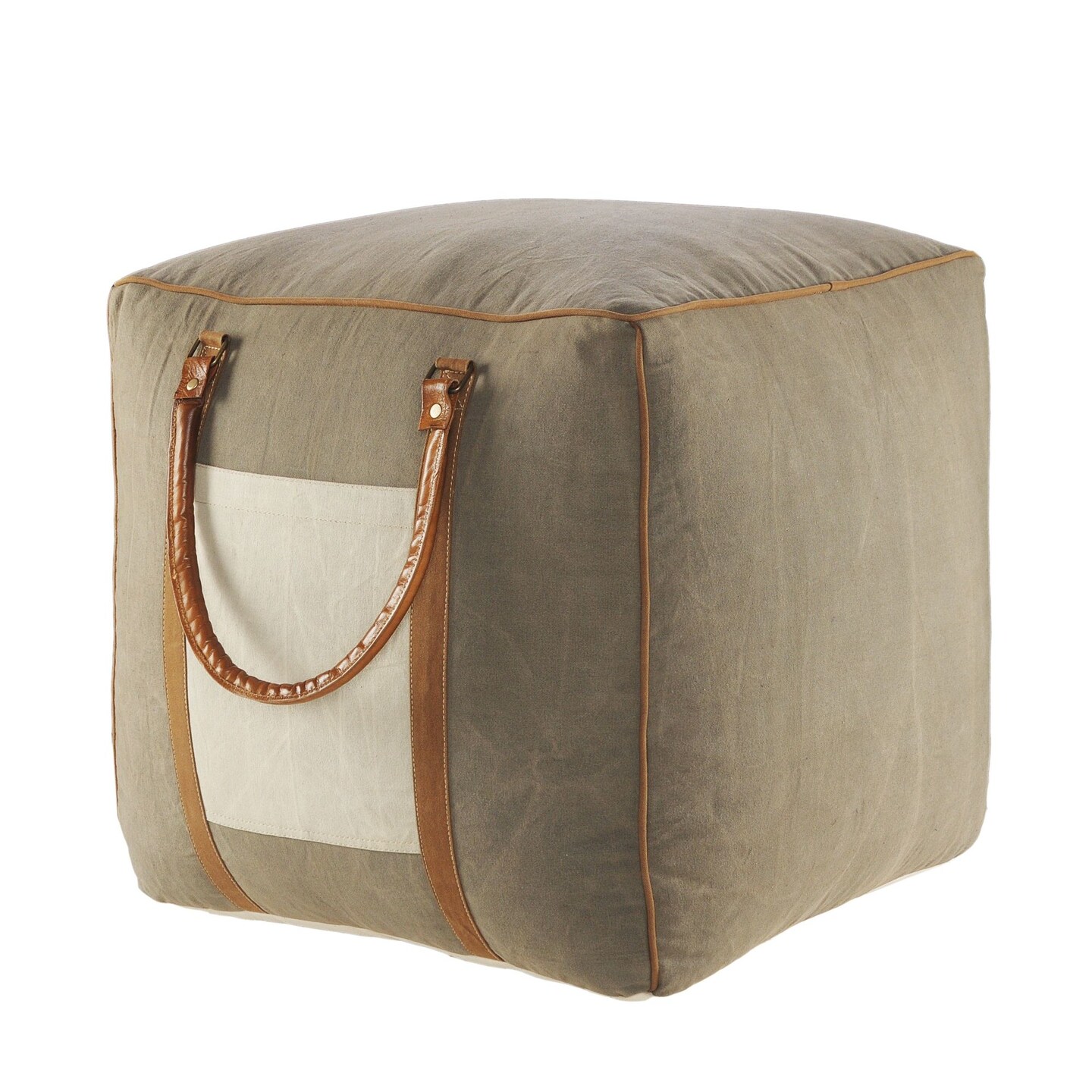 Laddha Home Designs 20" Gray and Ivory Faux Leather Handmade Square Pouf Ottoman with Handles