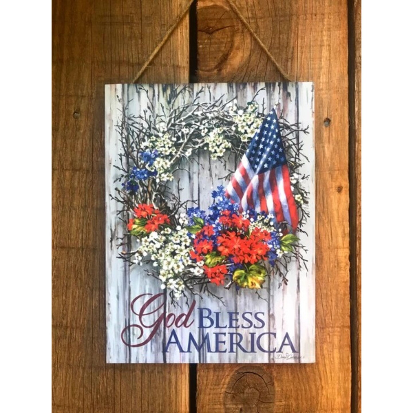 Glow Decor White and Blue &#x22;God Bless America&#x22; Printed Rectangular Wall Sign with Rope Hanger 10&#x22; x 7.5&#x22;