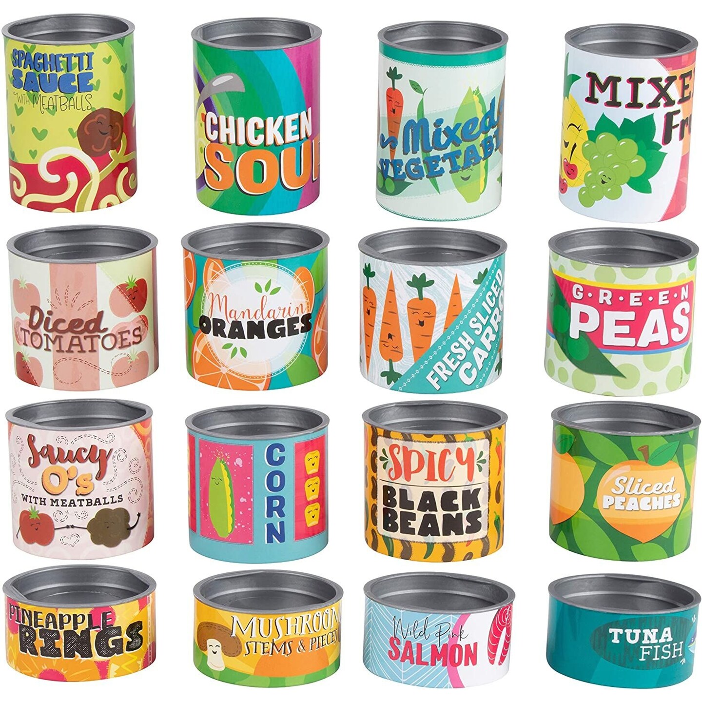 Set of 16 Toy Food Cans for Kids Pretend Play Grocery Store Stackable Accessories, Supermarket Playset