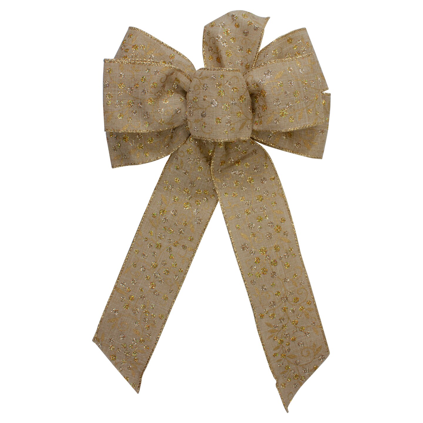 Northlight 14&#x22; x 9&#x22; Burlap and Gold Glittered Polka Dots 6 Loop Christmas Bow Decoration