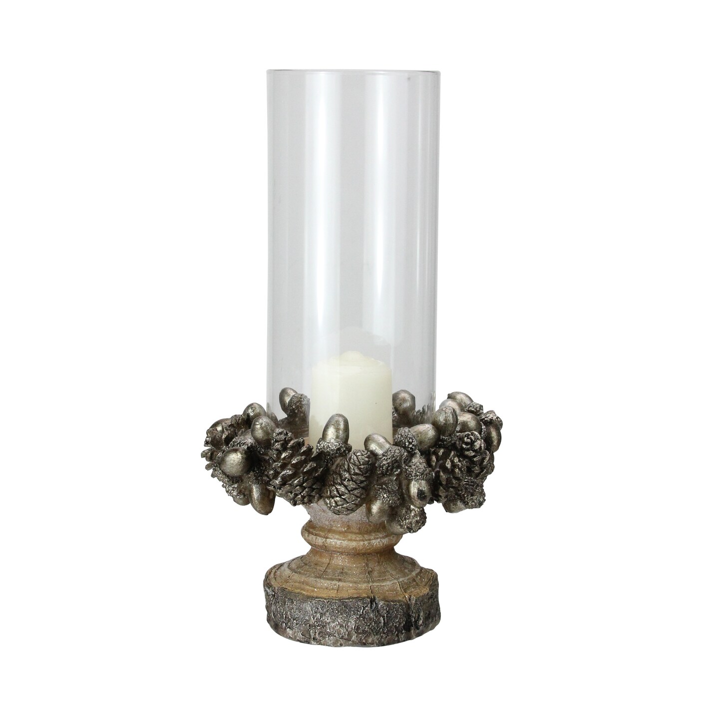 Raz 11&#x22; Rustic Acorn and Pinecone Tree Pillar Candle Holder with Glass Case
