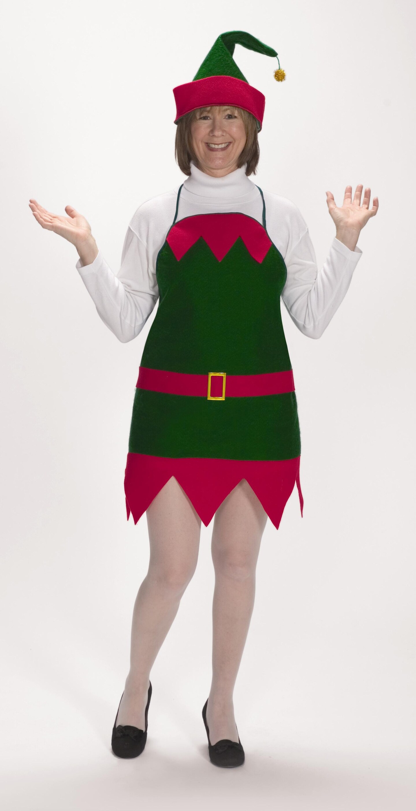 The Costume Center Green and Red Christmas Elf Apron and Hat with Gold Pom Pom &#x2013; One Size Fits Most