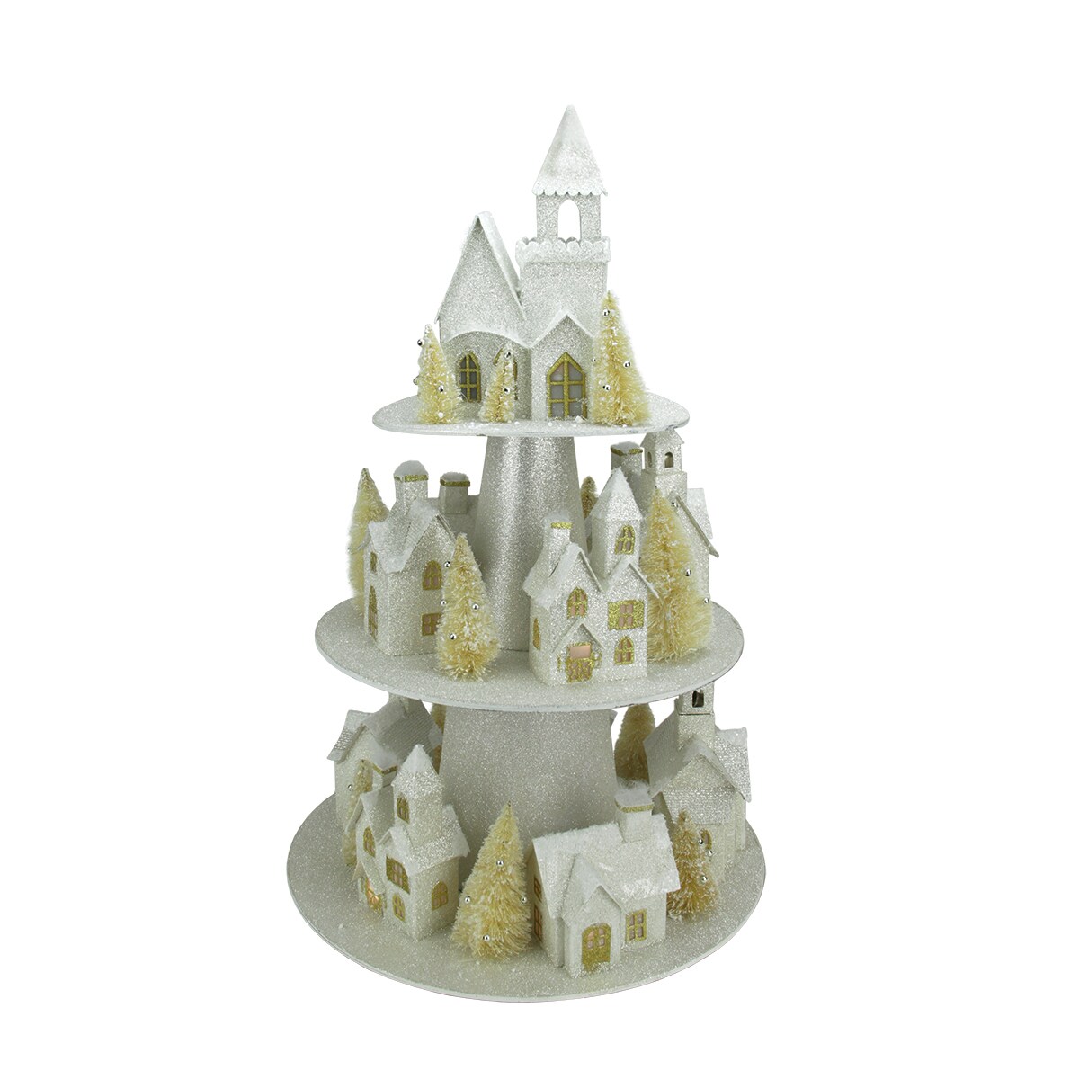 Raz Lighted 3-Tier Glitter Christmas House Display - 25" - Silver and Gold