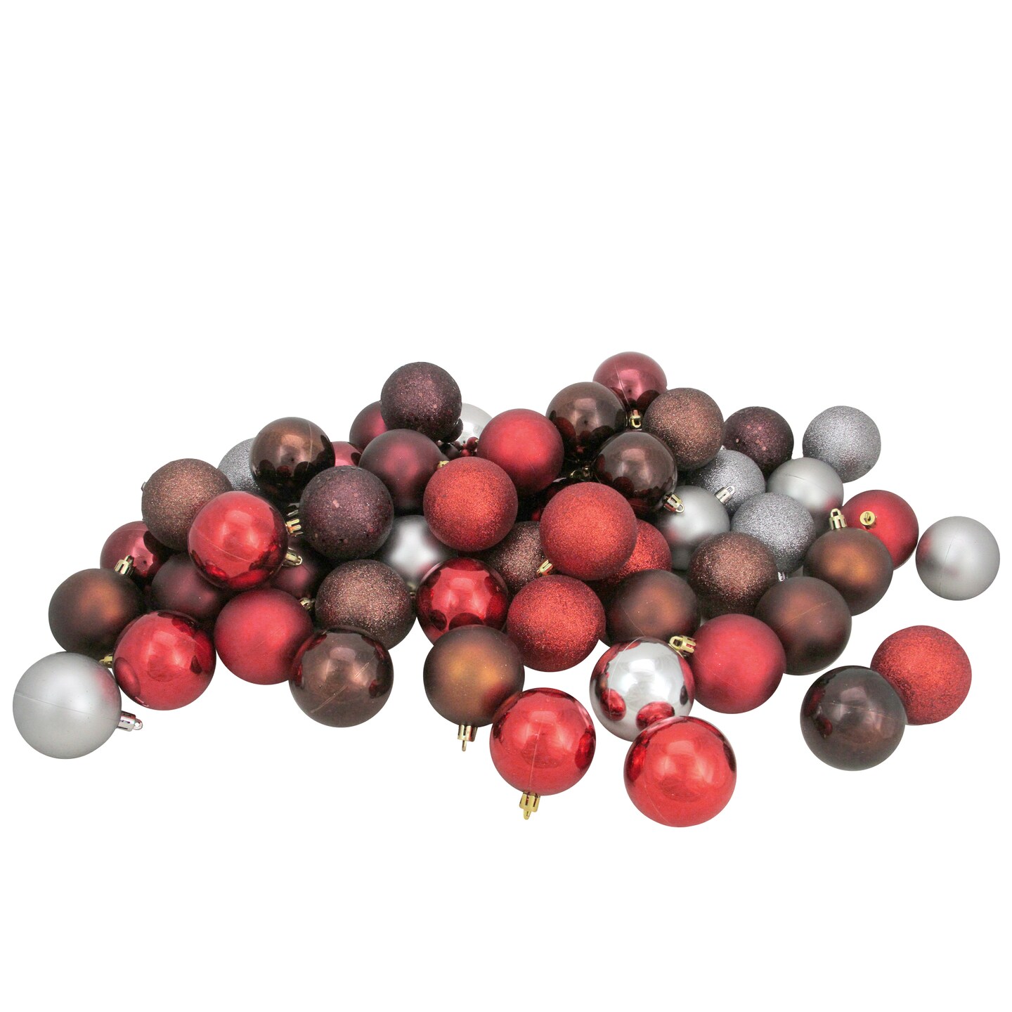 Northlight Shatterproof 4-Finish Christmas Ball Ornaments - 2.5&#x22; (60mm) - Brown, Red and Silver - 60ct