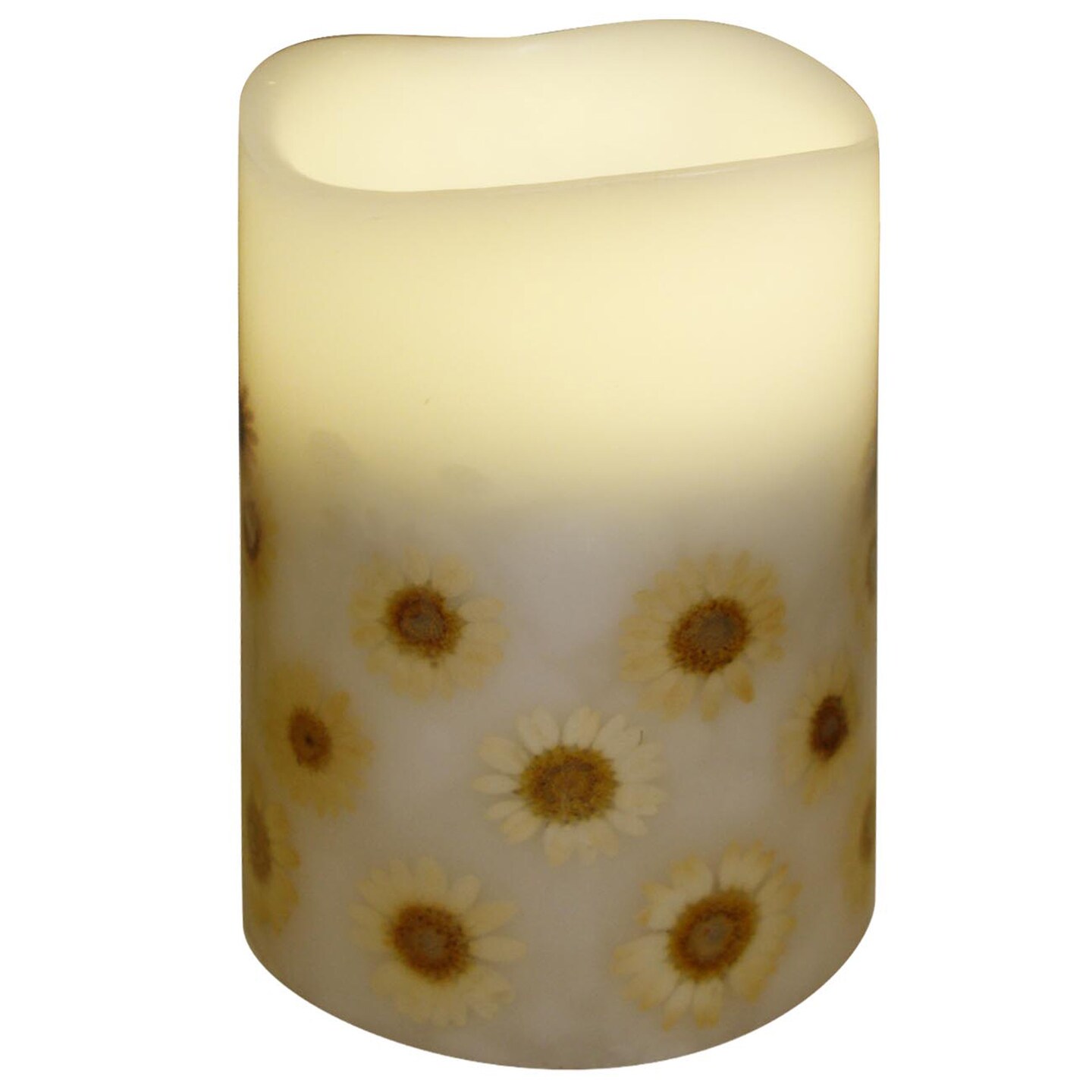 Brite Star 5.5&#x22; White Floral Battery Operated Flameless Flickering Wax Pillar Candle